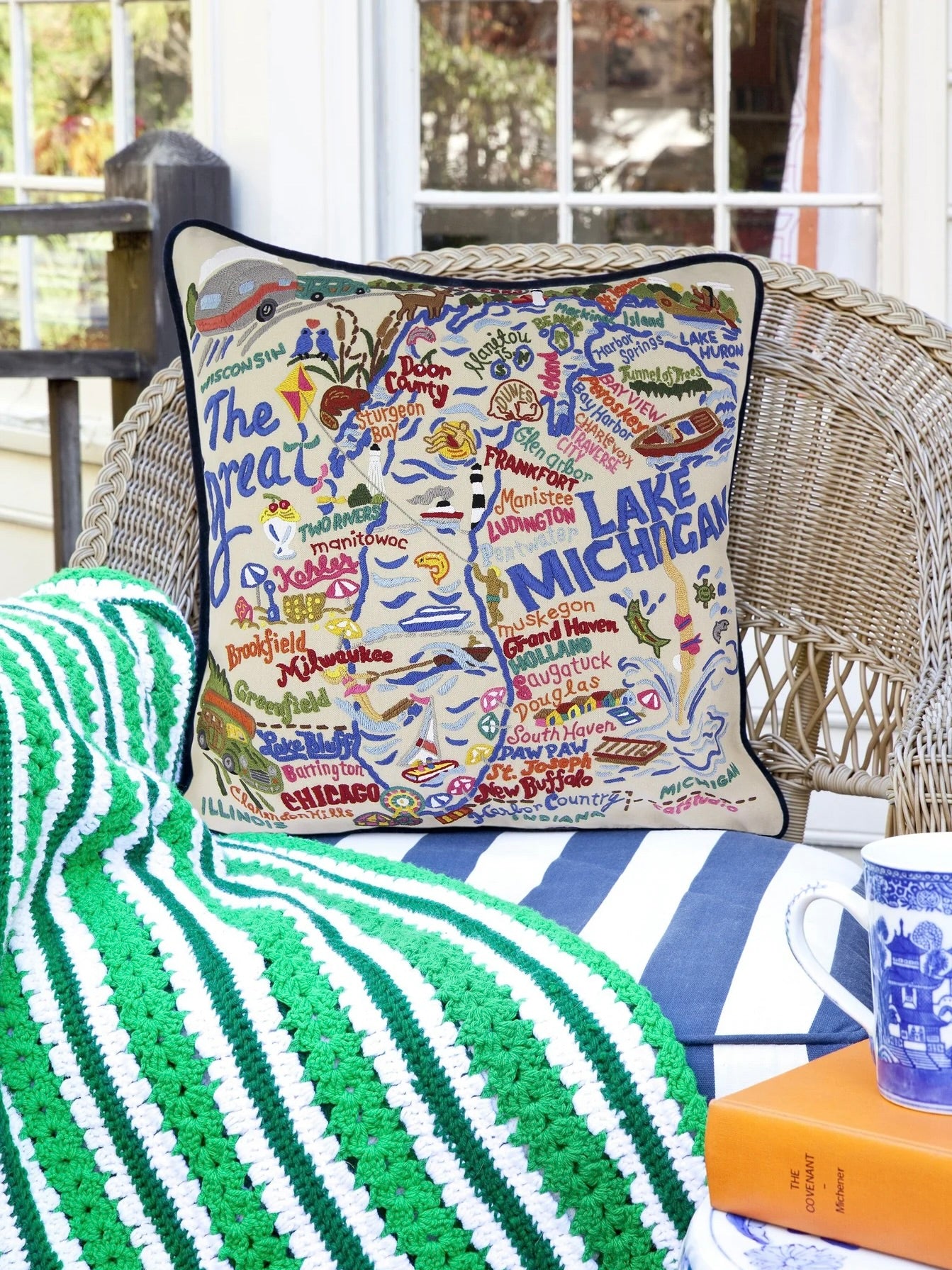 Lake Michigan Hand-Embroidered Pillow