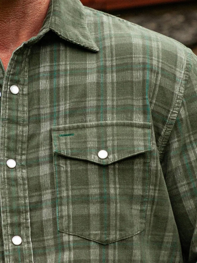 Olive Plaid - Long Sleeve Corduroy Pearl Snap