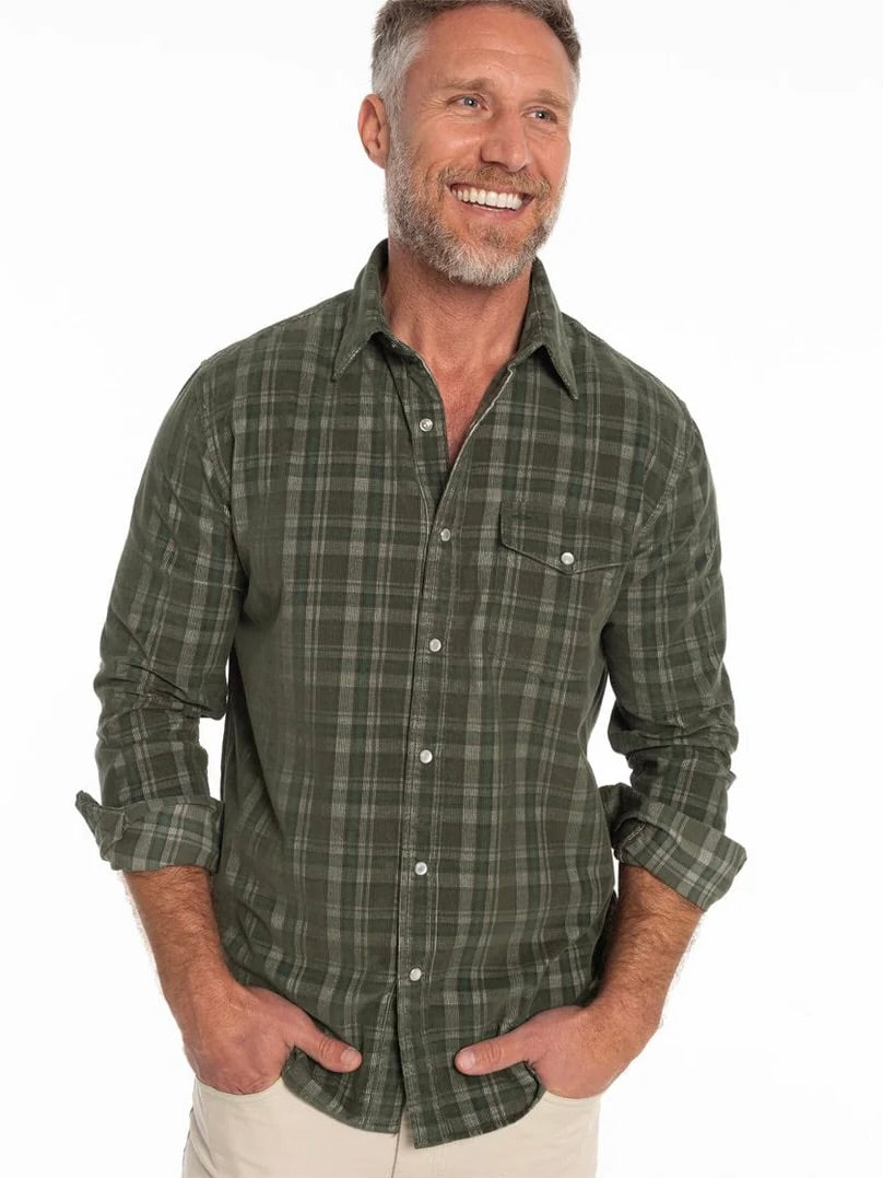 Olive Plaid - Long Sleeve Corduroy Pearl Snap