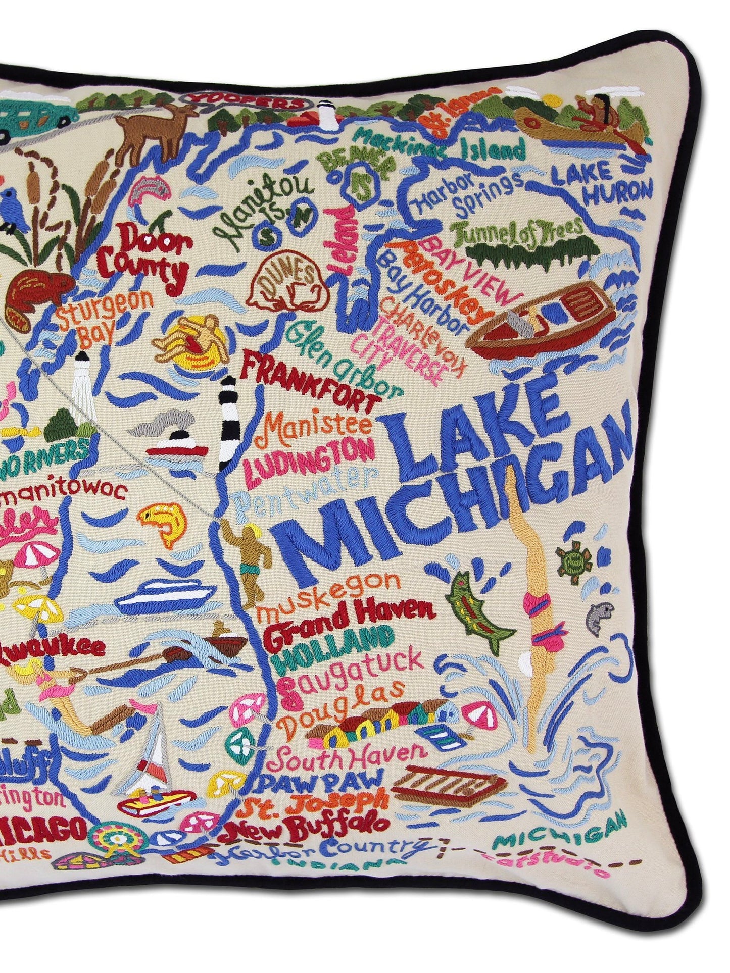 Lake Michigan Hand-Embroidered Pillow