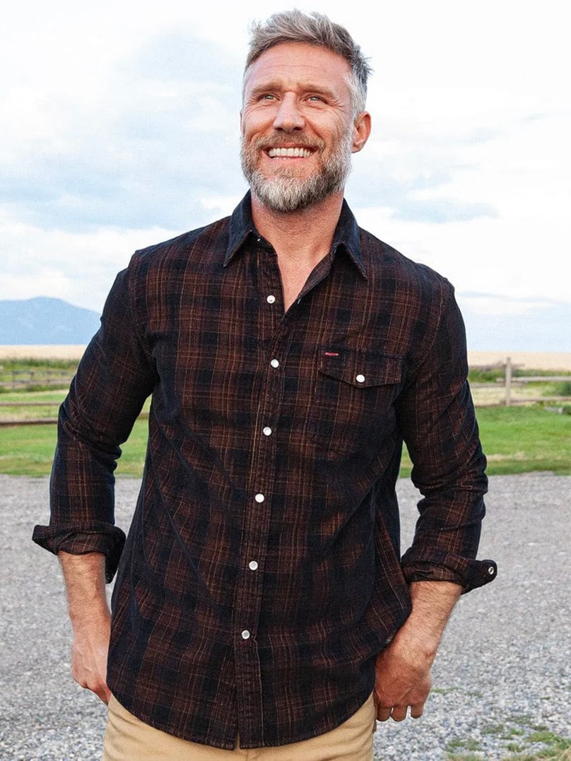 Black Plaid- Long Sleeve Corduroy Pearl Snap