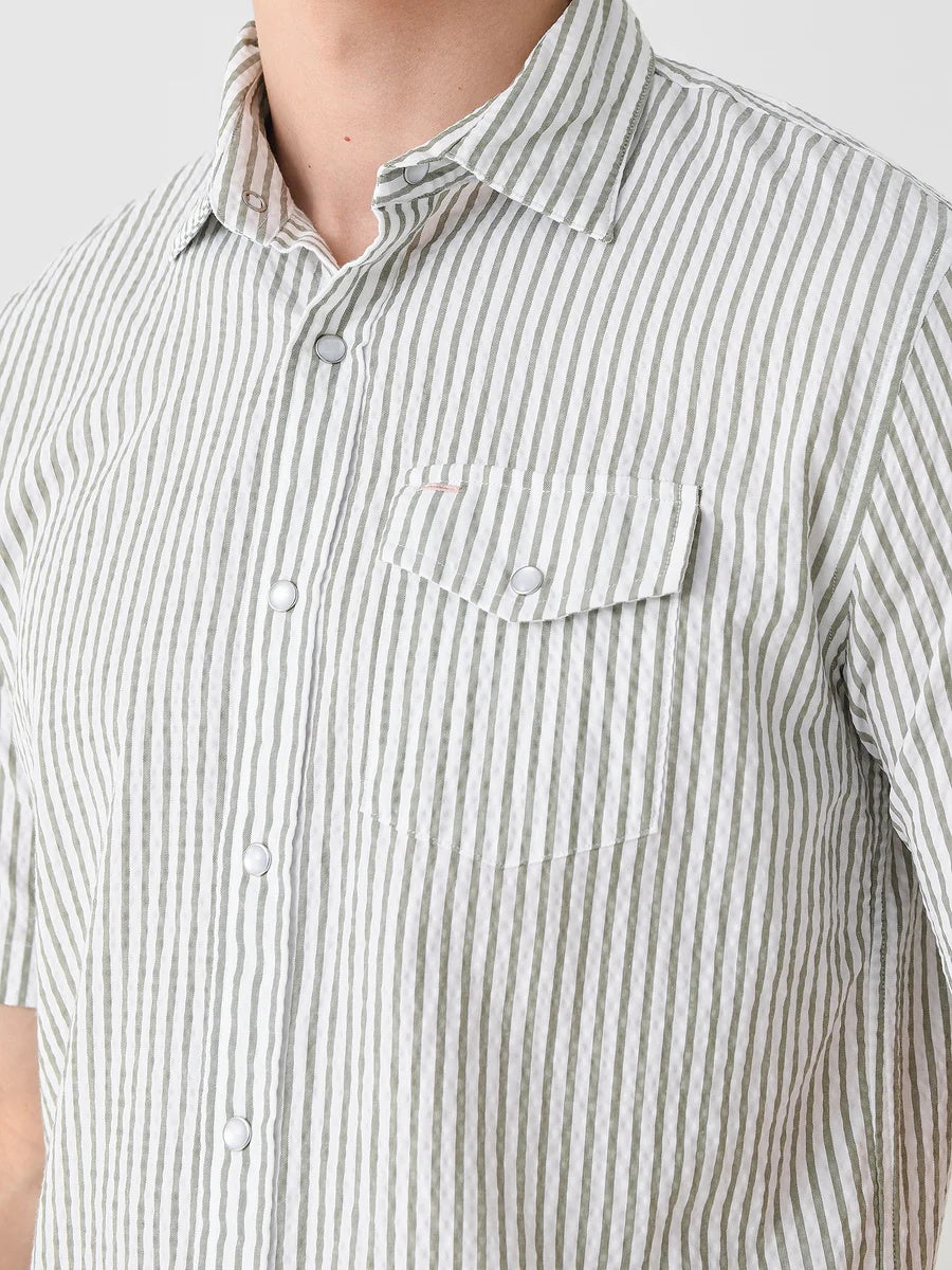 Sage Seersucker - Short Sleeve Performance Pearl