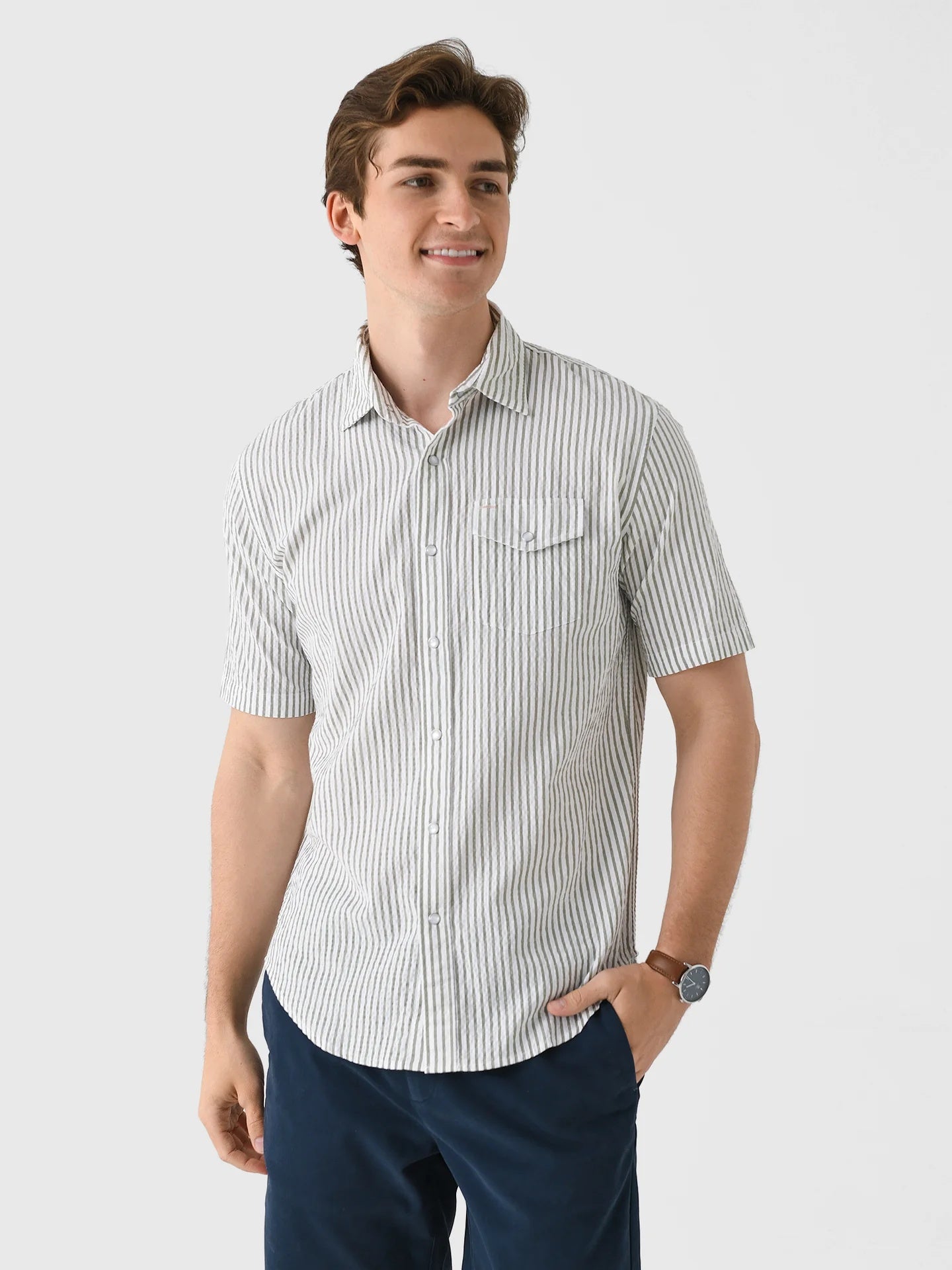 Sage Seersucker - Short Sleeve Performance Pearl