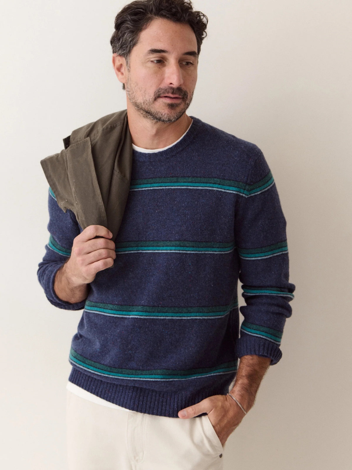 Navy/Green Multi Stripe - Merino Crew Sweater